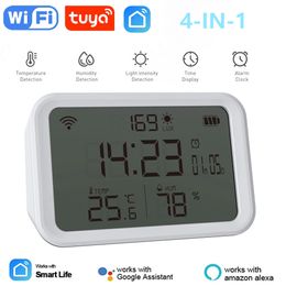 Tuya Smart WiFi 4-IN-1 Temperature Humidity Sensor Light Intensity Detector Time Display Alarm Clock Fit Alexa Google Assistant