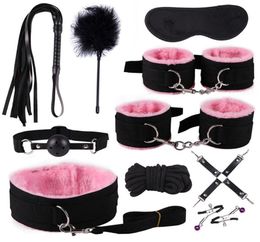 Nylon BDSM Sex Bondage Set Handcuffs Nipple Clamps Collar Gag Whip Rope Couples Sex Toys for Adults239U222K7217233