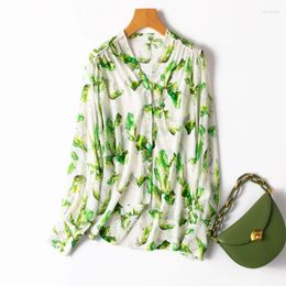 Women's Blouses Women Silk Shirt Mulberry White V Neck Floral Printed Buttons Down Long Sleeve Top Blouse 8277