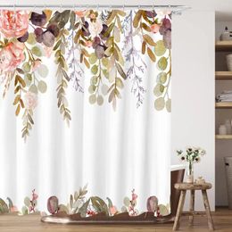 Shower Curtains Watercolor Beautiful Blooming Flowers Curtain Yellow Red White Petals Leaves Tropical Bathroom Decoration