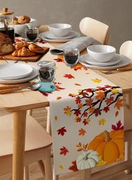 Thanksgiving Fall Pumpkin Maple Leaves Linen Table Runners for Dining Reusable Dining Table Runners Holiday Party Decorations