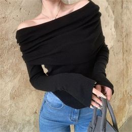 Women's Sweaters Women Long Sleeve Ruched Bare Shoulder Sweater Solid Bodycon Knitted Crop Top