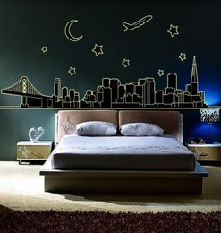 Glow In the Dark NYC New York Skyline Wall Stickers Decal Luminous Downtown Cityscape Stars Moon Aeroplane Bridge Building Wall Mur4817260