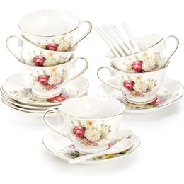 Tea Cups and Saucers Set of 6 Floral Cup with Gold Trim oz Porcelain Ivory Coffee Spoons 240411