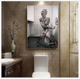 Sexy Man and Woman Sit In A Toilet Poster Print Black White Woman Smoke and Drink In Bathroom Canvas Painting Nordic Home Decor