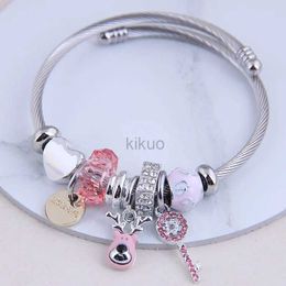 Bangle New Fashion European and American Stainless Steel Wire Open Bracelet Small Fresh Love Bear Key Crystal Charm Bracelets for Women 24411
