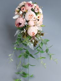 Pink Peony Waterfall Bridal Bouquet Peony Rose Tear Drop Wedding Flowers Artificial Cascade Photography Holding Bride Flower