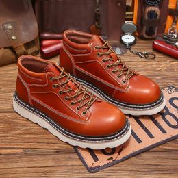 Casual Shoes Men's Pure Cowhide Boots Fashion First Layer High-top Thick-soled