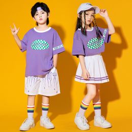 Girls Hip Hop Short Sleeve T Shirt Mini Skirt Boy Casual Shorts Children Summer Street Dance Wear Kids Group Performance Costume