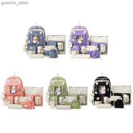 Backpacks 5 pieces Kawaii womens backpack cartoon pattern Korean cute student girl backpack casual Rucksack street suit set Y240411