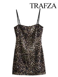 Casual Dresses TRAFZA Women Fashion Leopard Print Sexy Sling Dress Woman Chic Party Backless Elegant Short Vestidos Streetwear