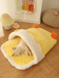 Cute Duck Cat Bed Coral Fleece Yellow Duckling Pet Bed Soft Comfortable Kitten Bed In 2 Sizes