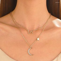 Pendant Necklaces Cross-Border Double-Layer Star Moon Clavicle Chain Refined Rhinestone Twelve Constellations NecklaceinsWind Net Red