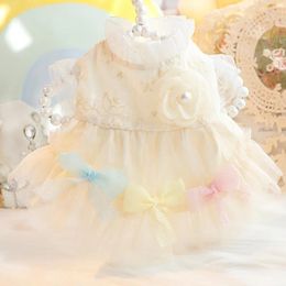 Dog Apparel Beige Colour Two Feet Dresses With Bow Decoration Pet Costume For Spring And Summer 2024 Wedding Small
