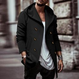 Men's Jackets Hooded Men Coat Winter Stylish Double-breasted Mid Length Solid Color Soft Warm For Fall/winter