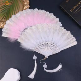 Lolita Feather Folding Fan Sweet Fairy Girl Dark Gothic Court Dance Hand Fan with Pendant Photography Props Wedding Party Decor