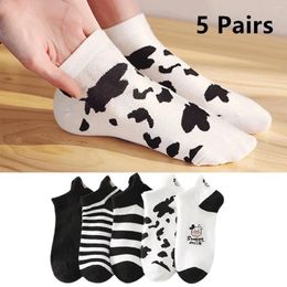 Women Socks 5 Pairs Spring Summer Thin Fashion Sock Cartoon Cow Harajuku Kawaii Cute Girl Happy Funny Boat