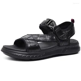 Sandals Authentic 148 Real Alligator Leather Classic Black Men's Casual Hook & Loop Genuine Exotic Crocodile Skin Male Summer Flats