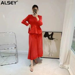 Work Dresses ALSEY Pleated Women's Set Skirt Long Pod Flower Sleeve Petal Trimmed Top T-Shirt Two Pieces 2024 Summer