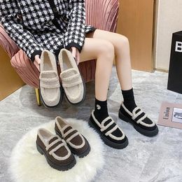 Casual Shoes Lamb Wool And Cashmere Leffer Women's 2024 Winter Corduroy Low Top British Style Versatile Muffin Heel Cotton