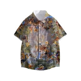 Vintage European mural printed shirt Hawaii summer men's short sleeved shirt Oil painting aesthetics Women's casual beach top