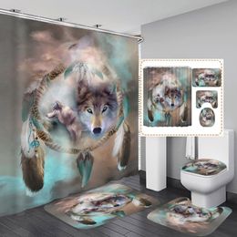 Mystery Wolf Animal Printed Shower Curtain Set with Bath Mat Anti-slip Toilet Lid Cover Bathroom Carpet Home Decoration