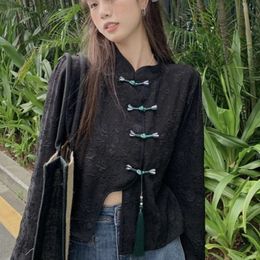 Chinese Style Shirts Women Mandarin Collar Tassel Design Long Sleeve Personality Vintage New Female Tops Harajuku Loose Leisure