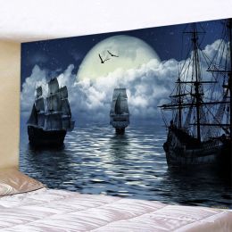 Beautiful Sea Sunset Nautical Tapestry Hippie Retro Pirate Ship Rune Skull Wall Hanging Psychedelic Home Room Decoration