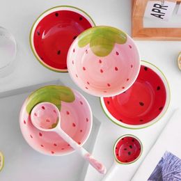 Cartoon Porcelain Watermelon Strawberry Design Rice Bowl Soup Spoon Kitchen Tableware Cutlery Set Dinner Accessories