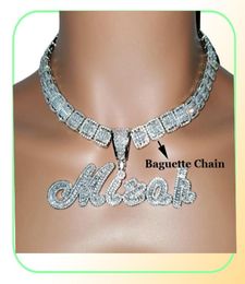 Custom Brush Cursive Iced Out Letter Pendant Name Necklace Baguettes Chain Micro Paved CZ Personalized Hiphop Jewelry7227503