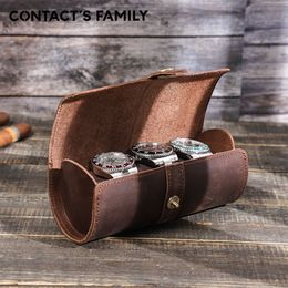 CONTACT'S FAMILY Luxury Handmade Watch Roll Box Organiser 3 Slots Watch Travel Leather Case Holder For Men And Women With Buckle