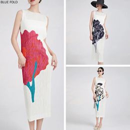 Casual Dresses Miyake Dress Women's Summer Style Round Neck Sleeveless Printed High-end Pleated Long Elegant PLEATS Vestido Robe