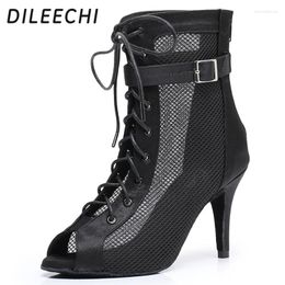 Dance Shoes DILEECHI Women Latin Boots Black Satin With Net Salsa Party Ballroom Dancing High Heel 8.5cm Soft Outsole 2024