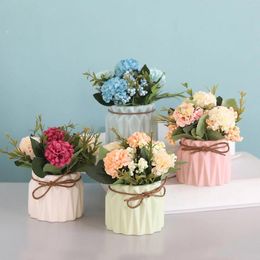 Decorative Flowers Artificial Potted Flower Bouquet Fake Hydrangea With Vase For Home Office Table Decor