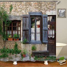 Rustic Shower Curtain Doors of An Old Rock House with French Frame Details In Countryside European Past Fabric Bathroom