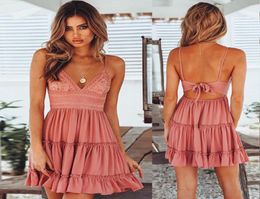 Solid Colour Peplum Dress V Neck Backless Strappy Dresses Back Lace Bow Pleated Skirt Women Clothes Fashion Valentine Gift8761778