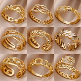 Cluster Rings Fashion Gold Colour Ring For Women Luxury Open Adjustable Stainless Steel Anillos Cubic Zirconia Finger Jewellery 2024 Gift