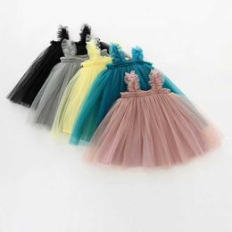 Girl's Dresses 2024 Summer Sling Girls Chiffon Skirt Wooden Ear Baby Princess Dress