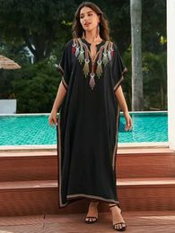 Basic Casual Dresses 2024 Black Premium Embroidered Plus Size Casual V Neck Kaftan Womens Bohemian Beach Maxi Dress Beachwear House Robe Q1633 L49