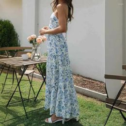 Casual Dresses Spliced Pleat Details Loose Cut Dress Floral Print Halter Maxi For Women Vacation Beach Sundress With Off Shoulder Design