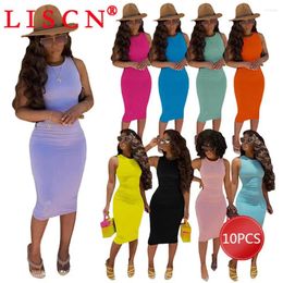 Casual Dresses 10Pcs Bulk Items Wholesale Lots Bodycon Dress For Women Summer 2024 Sleeveless Sexy Y2k Solid Colour O-neck Maxi K11088