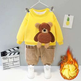 Trousers Baby boy clothes autumn winter plus velvet warm thickening suit boys and girls cartoon bear sweater + corduroy pants baby 2pcs