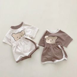 Trousers Summer Baby Boy Summer Clothes Cartoon Bear Casual Short Set Toddler Girls Cotton Soft Tshirts And Solid Short Pants Suit