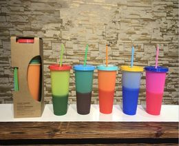 5pcs Lot 24oz Color Changing Tumblers 510ml Plastic Magic Cups PP Thermochromic Coffee Mug with Lid Straw Temperature Cold Water B6428270