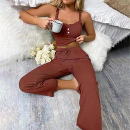 Home Clothing Lady Summer Loungewear Elegant Floral Crop Top Pants Set For Women V Neck Drawstring With High Waist Elastic Camisole