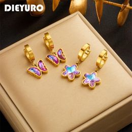 Hoop Earrings DIEYURO 316L Stainless Steel Butterfly Pentagram Colorful Purple Crystal For Women Girl Luxury Jewelry Holiday Gift