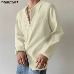 Men's Casual Shirts INCERUN Tops 2024 Korean Style Handsome Double Head Zippered Lapel Leisure Simple Street Long Sleeved Blouse S-5XL