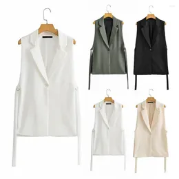 Women's Vests Women Waistcoat Sleeveless Turn-down Collar Vest Coat With Single Button Strap Decor Mid Length Formal Suit For Commute