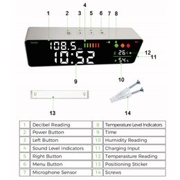 Dienmern Wall Mounted Decibel Meter with Tuya Wifi For Measuring Noise Level Meter Led Clock Product Temperature And Humidity