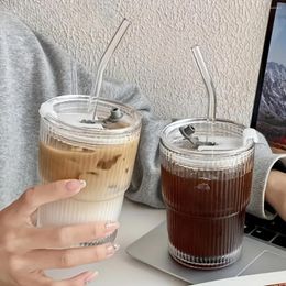 Wine Glasses 450ml Stripe Glass Cup Coffee Cups With Lids And Straw Vertical Fruit Juice Household Couple Drinking Water